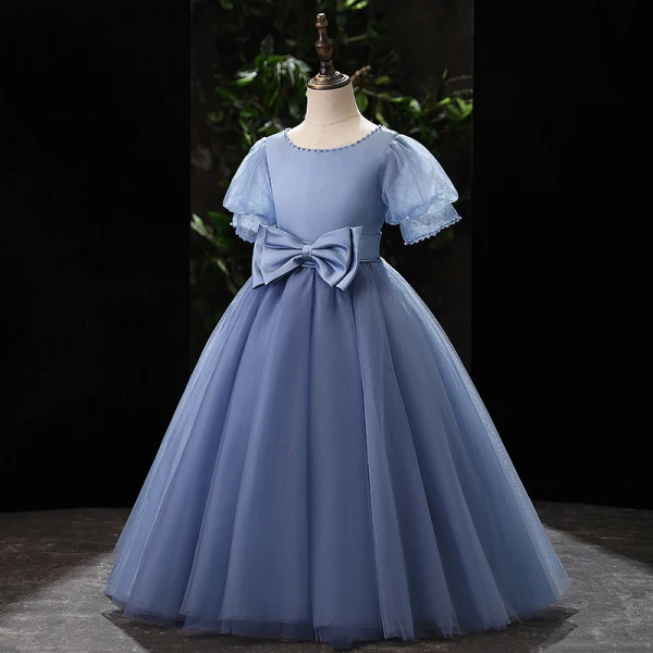 Élégant Bleu Ciel Noeud Ceinture Anniversaire Robe Ceremonie Fille 2022 Robe Boule Encolure Dégagée Gonflée Manches Courtes Longue Robe Ceremonie Fille