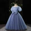 Élégant Bleu Ciel Noeud Ceinture Anniversaire Robe Ceremonie Fille 2022 Robe Boule Encolure Dégagée Gonflée Manches Courtes Longue Robe Ceremonie Fille