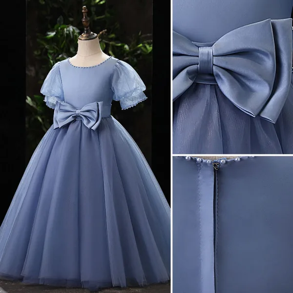 Élégant Bleu Ciel Noeud Ceinture Anniversaire Robe Ceremonie Fille 2022 Robe Boule Encolure Dégagée Gonflée Manches Courtes Longue Robe Ceremonie Fille