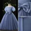 Élégant Bleu Ciel Noeud Ceinture Anniversaire Robe Ceremonie Fille 2022 Robe Boule Encolure Dégagée Gonflée Manches Courtes Longue Robe Ceremonie Fille
