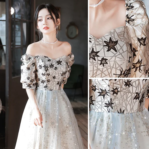 Fashion Grey Star Sequins Prom Dresses 2023 A-Line / Princess Square Neckline Short Sleeve Backless Floor-Length / Long Prom Formal Dresses