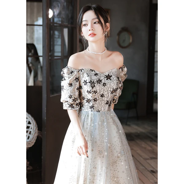 Fashion Grey Star Sequins Prom Dresses 2023 A-Line / Princess Square Neckline Short Sleeve Backless Floor-Length / Long Prom Formal Dresses