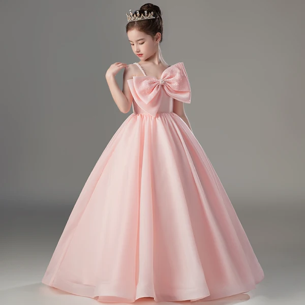 Lovely Blushing Pink Birthday Flower Girl Dresses 2022 Ball Gown Spaghetti Straps Sleeveless Backless Pearl Bow Floor-Length / Long Flower Girl Dresses