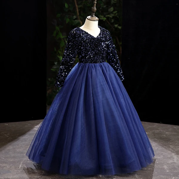 Vintage / Retro Navy Blue Sequins Flower Girl Dresses 2022 Ball Gown V-Neck Long Sleeve Floor-Length / Long Prom Flower Girl Dresses