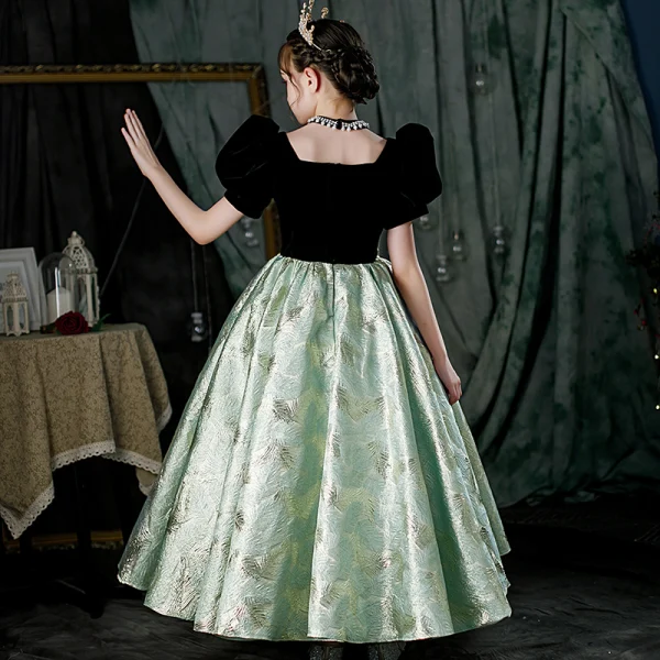 Elegant Black Rhinestone Sequins Birthday Flower Girl Dresses 2022 Ball Gown V-Neck Puffy Short Sleeve Backless Floor-Length / Long Flower Girl Dresses