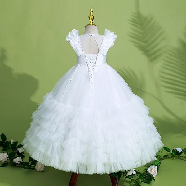 Chic / Beautiful White Birthday Beading Pearl Flower Girl Dresses 2022 Ball Gown Cascading Ruffles Scoop Neck Ruffle Short Sleeve Backless Floor-Length / Long Flower Girl Dresses