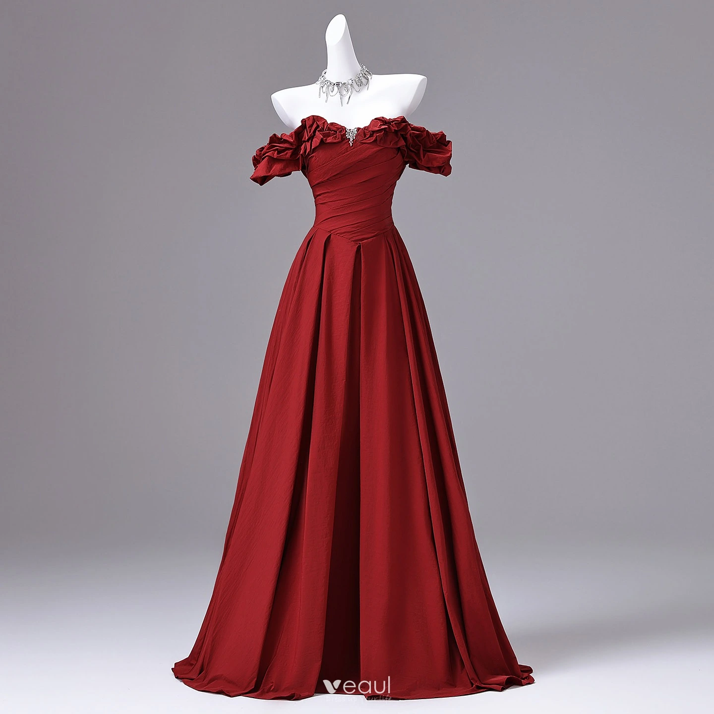 Modest / Simple Burgundy Rhinestone Prom Dresses 2026 Ball Gown Ruffle Off-The-Shoulder Short Sleeve Backless Floor-Length / Long Formal Dresses Modest / Simple Burgundy Rhinestone Prom Dresses 2026 Ball Gown Ruffle Off-The-Shoulder Short Sleeve Backless Floor-Length / Long Formal Dresses