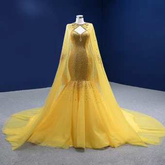 Haut De Gamme Scintillantes Jaune Perlage Faux Diamant Paillettes Robe De Bal 2022 Trompette Sirène Avec Cape Bretelles Spaghetti Sans Manches Dos Nu Tribunal Train Robe De Ceremonie