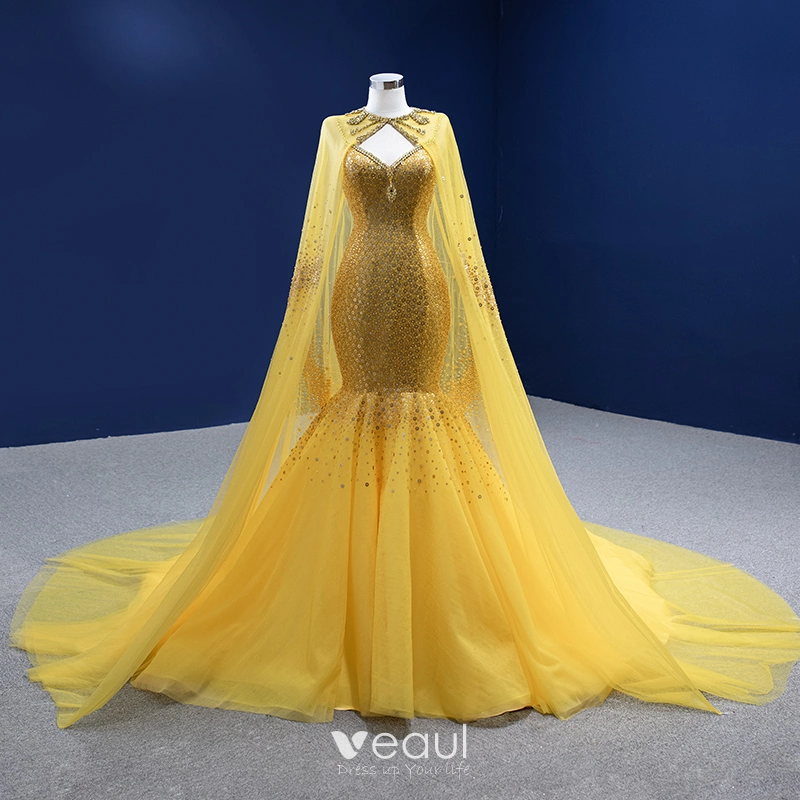 1960s mini dress V Neck Mermaid Yellow Sequins Long Prom Dress with High Slit, Mermaid –  abcprom main image 0