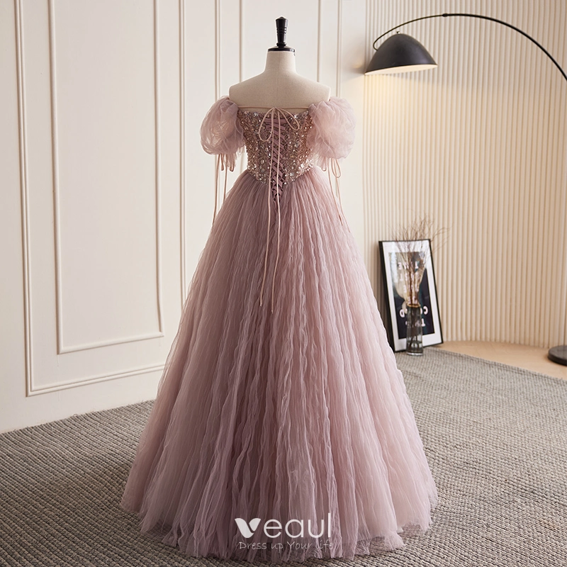 Charming Dusky Pink Glitter Beading Sequins Prom Dresses 2023 A Line Princess Off The Shoulder Short Sleeve Backless Floor Length Long Prom Formal Dresses