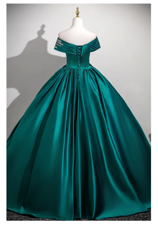 Vintage / Retro Olive Green Beading Sequins Prom Dresses 2025 Ball Gown Off-The-Shoulder Short Sleeve Backless Floor-Length / Long Formal Dresses