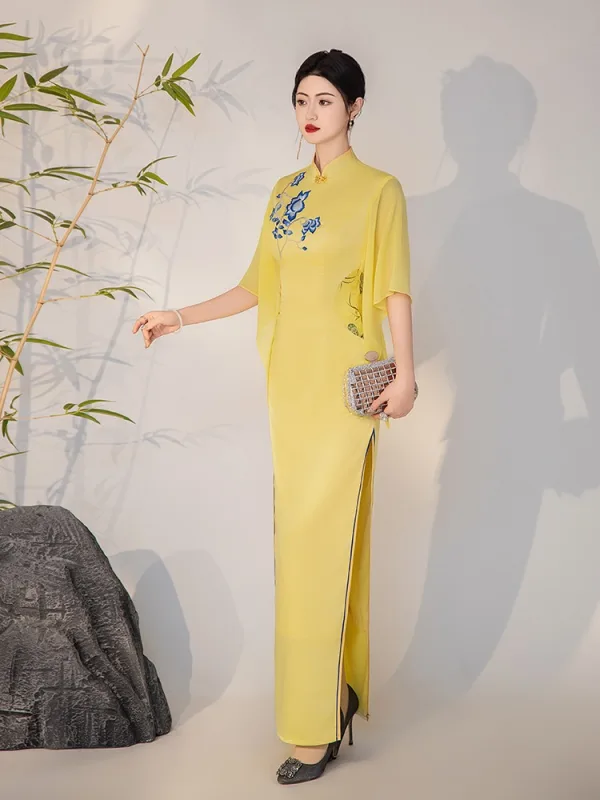 Chinese style Yellow Lace Flower Split Front Cheongsam 2025 Trumpet / Mermaid High Neck Short Sleeve Floor-Length / Long Evening Party Cheongsam / Qipao