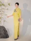 Chinese style Yellow Lace Flower Split Front Cheongsam 2025 Trumpet / Mermaid High Neck Short Sleeve Floor-Length / Long Evening Party Cheongsam / Qipao