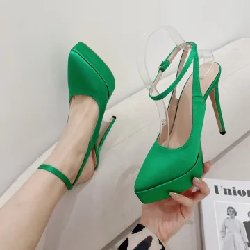 Chic Belle Vert Cocktail Satin Sandales Femme 2023 14 Cm Talons Aiguilles Bride Cheville À Bout Pointu Sandales Talons Hauts