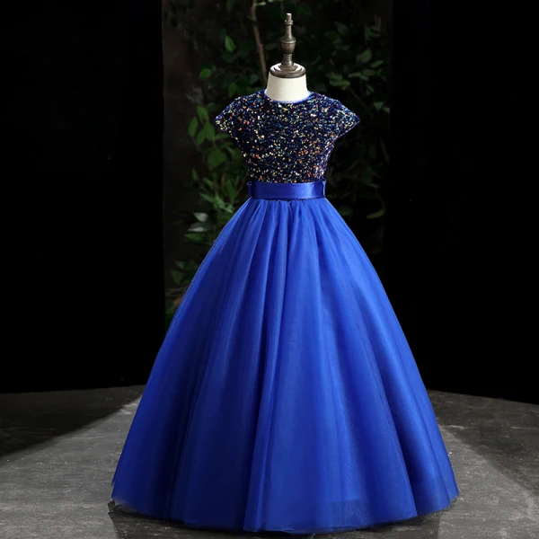 Chic / Beautiful Grey Sequins Prom Flower Girl Dresses 2022 Ball Gown Scoop Neck Sleeveless Sash Bow Floor-Length / Long Flower Girl Dresses