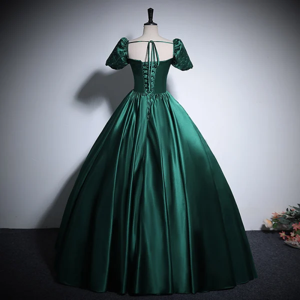 Vintage / Retro Dark Green Satin Prom Dresses 2024 Ball Gown Square Neckline Short Sleeve Backless Bow Floor-Length / Long Prom Formal Dresses
