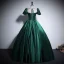 Vintage / Retro Dark Green Satin Prom Dresses 2024 Ball Gown Square Neckline Short Sleeve Backless Bow Floor-Length / Long Prom Formal Dresses