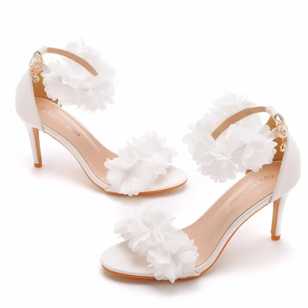Charmant Blanche Appliques Chaussure De Mariée 2023 Bride Cheville 8 cm Talons Aiguilles Peep Toes / Bout Ouvert Chaussure De Mariée Talons Hauts