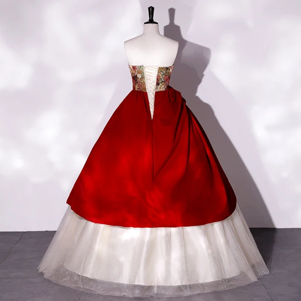 Vintage / Retro Burgundy Printing Prom Dresses 2022 Ball Gown Strapless Sleeveless Backless Floor-Length / Long Prom Formal Dresses