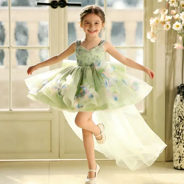 Dreamy Sage Green Beading Pearl Appliques Birthday Short Flower Girl Dresses 2026 Ball Gown Square Neckline Sleeveless Backless Tulle