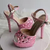 Sparkly Silver Wedding Shoes 2018 Crystal Rhinestone Ankle Strap 14 cm Stiletto Heels Open / Peep Toe Wedding High Heels