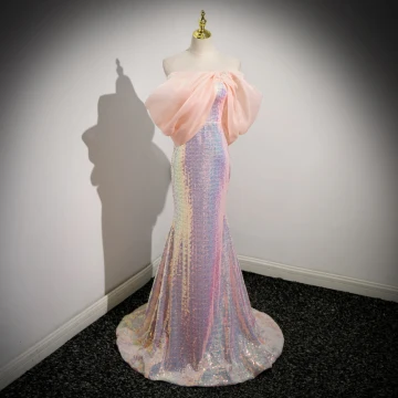 Sexy Blushing Pink Laser Sequins Evening Dresses 2023 Trumpet Mermaid Off The Shoulder Short Sleeve Backless Sweep Train Evening Party Formal Dresses