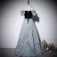 Elegant Sky Blue Printing Prom Dresses 2022 A-Line / Princess Off-The-Shoulder Short Sleeve Backless Floor-Length / Long Prom Formal Dresses