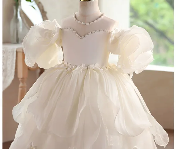Exquisite Champagne Pearl Appliques Cascading Ruffles Wedding Flower Girl Dresses 2026 Ball Gown Off-The-Shoulder Short Sleeve Backless