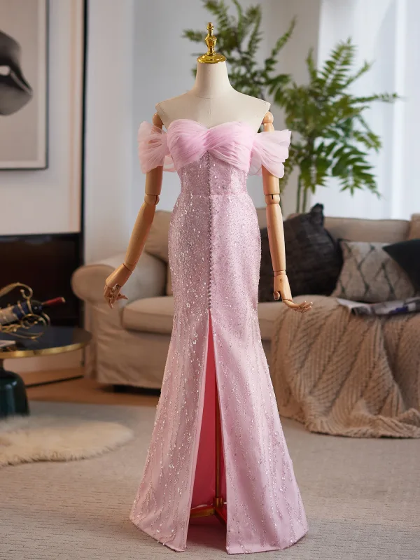 Luxus / Herrlich Pink Handgefertigt Perlenstickerei Pailletten Fallende Rüsche Ballkleider 2025 Meerjungfrau Off Shoulder Ärmellos Rückenfreies Sweep / Pinsel Zug Festliche Kleider