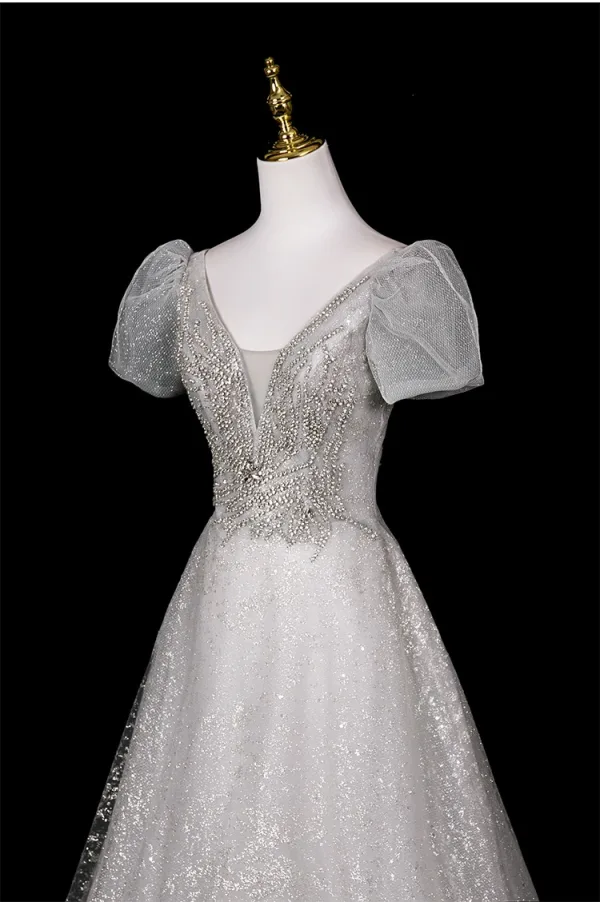 Bling Bling Gris Paillettes Faux Diamant Robe De Bal 2025 Princesse V-Cou Manches Courtes Dos Nu Longue Robe De Ceremonie