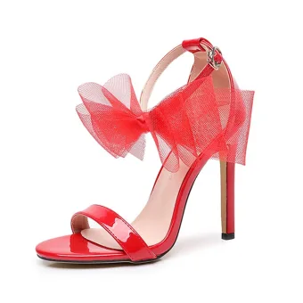 Sexy Red Bow Evening Party Womens Sandals 2026 Ankle Strap 11 Cm Stiletto Heels Open Peep Toe Sandals High Heels