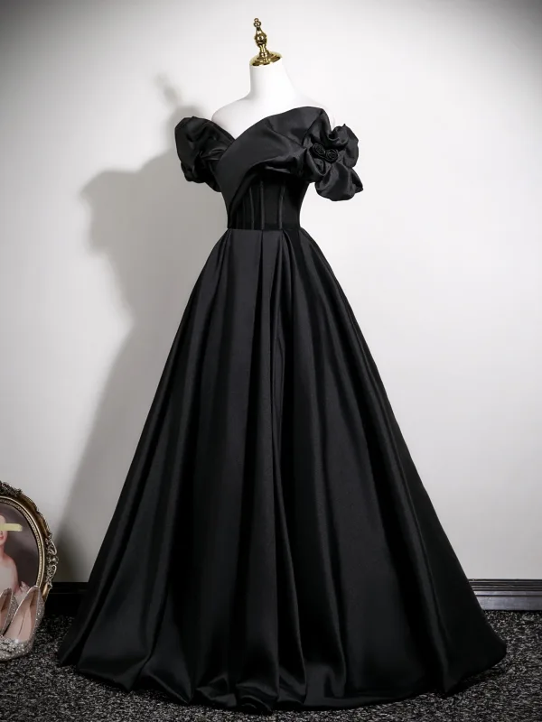 Vintage / Retro Black Prom Dresses 2025 Ball Gown Off-The-Shoulder Short Sleeve Backless Floor-Length / Long Formal Dresses