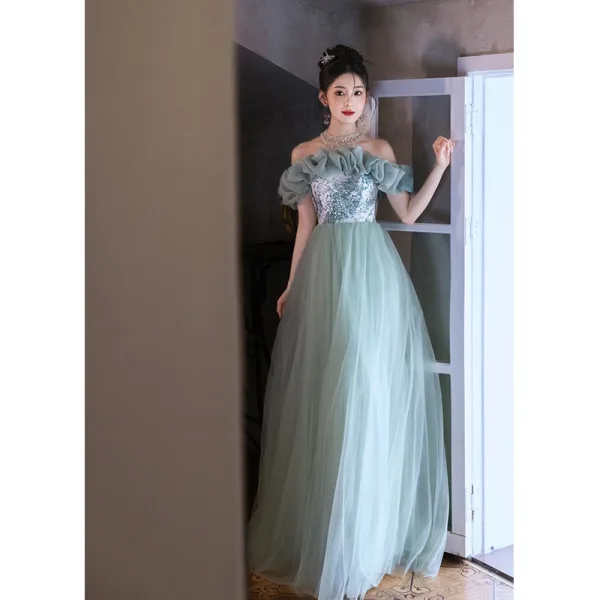 Chic / Belle Vert Citron Perlage Paillettes Robe De Bal 2025 Princesse Encolure Dégagée Manches Courtes Longue Promo Robe De Ceremonie