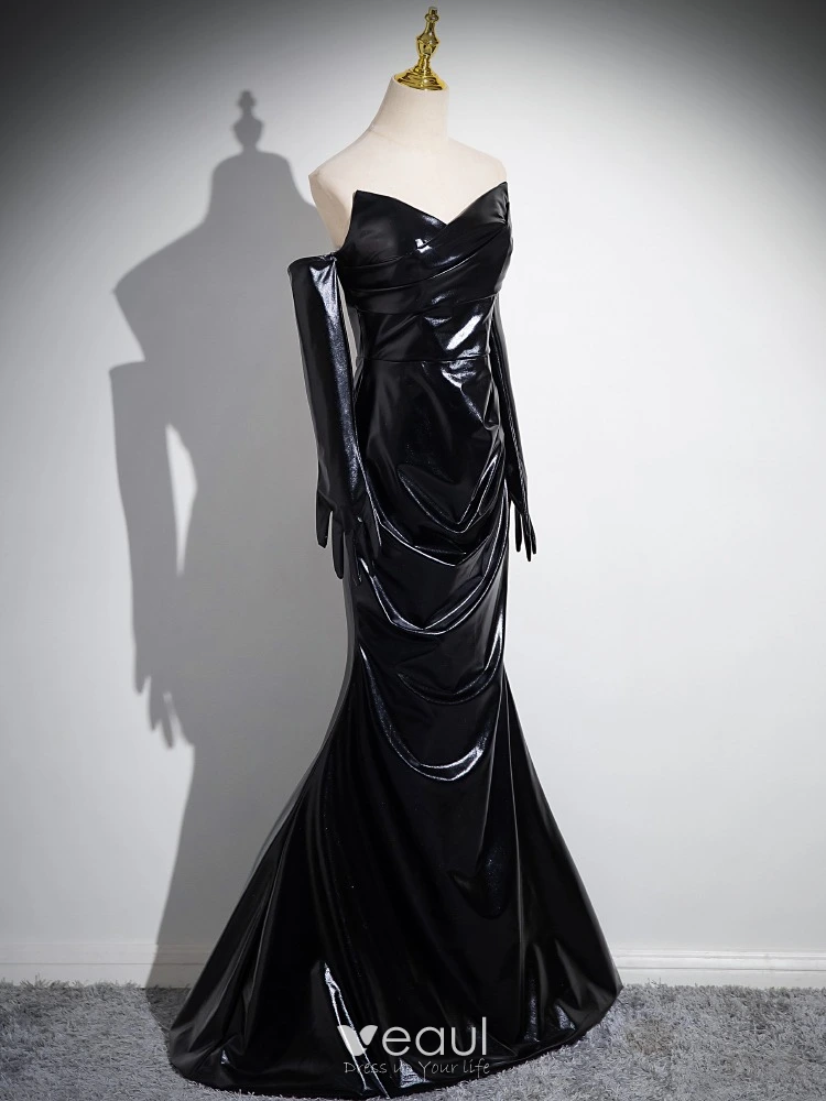 Fashion Black Trumpet / Mermaid Evening Dresses 2024 Off-The-Shoulder Short  Sleeve Backless Floor-Length / Long Evening Party Formal Dresses