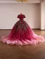 Volumineux Dégradé De Couleur Bordeaux Perlage En Dentelle Fleur Paillettes Robe De Bal 2026 Robe Boule V-Cou Manches Courtes Tribunal Train Robe De Ceremonie