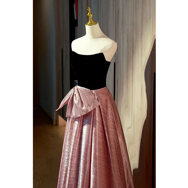 Charmant Pink Strass Ballkleider 2022 A Linie Bandeau Ärmellos Rückenfreies Schleife Lange Festliche Kleider