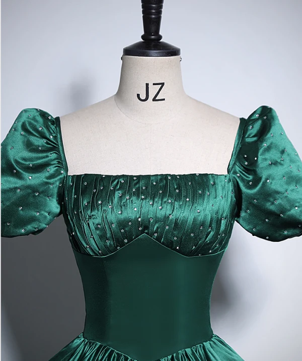 Vintage / Retro Dark Green Satin Prom Dresses 2024 Ball Gown Square Neckline Short Sleeve Backless Bow Floor-Length / Long Prom Formal Dresses
