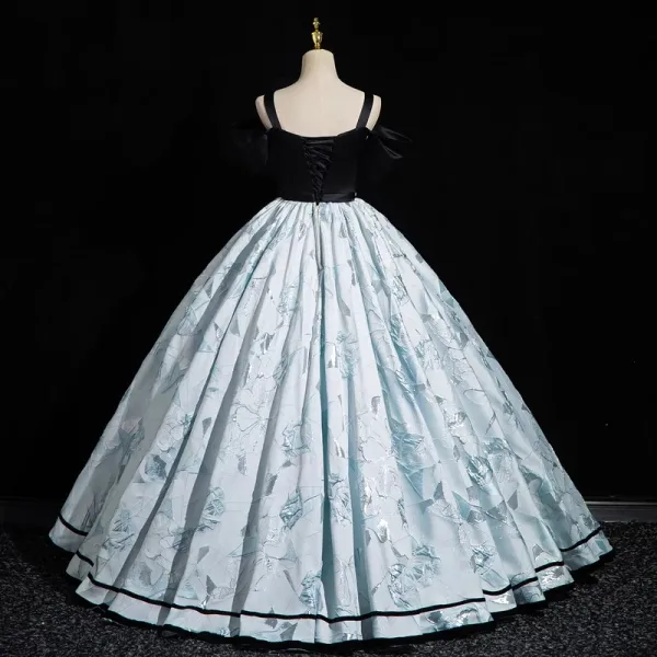 Elegant Black Printing Rhinestone Prom Dresses 2023 Ball Gown Spaghetti Straps Bow Short Sleeve Backless Floor-Length / Long Formal Dresses