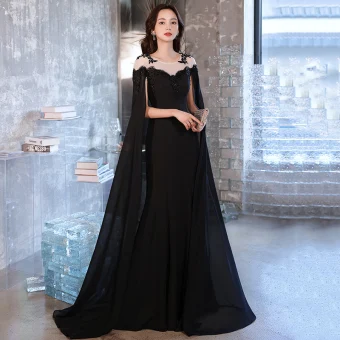 Sexy Noire Perlage En Dentelle Fleur Paillettes Robe De Soirée 2023 Trompette Sirène Manteau Encolure Dégagée Sans Manches Longue Soirée Robe De Ceremonie