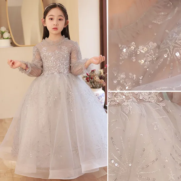 Chic / Beautiful Grey Birthday Flower Girl Dresses 2022 A-Line / Princess Scoop Neck Beading Sequins Long Sleeve Floor-Length / Long Flower Girl Dresses