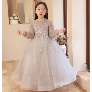 Piękne Szary Urodziny Sukienki Dla Dziewczynek 2022 Princessa Wycięciem Frezowanie Cekiny Długie Rękawy Długie Sukienki Dla Dziewczynek