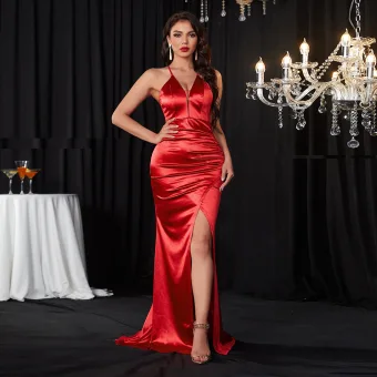 Sexy Rouge Robe De Soirée 2023 Trompette Sirène Bretelles Spaghetti Sans Manches Dos Nu Fendue Devant Train De Balayage Soirée Robe De Ceremonie