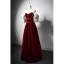 Elegant Burgundy Pearl Velvet Prom Dresses 2024 A-Line / Princess Ruffle Off-The-Shoulder Short Sleeve Backless Floor-Length / Long Prom Formal Dresses