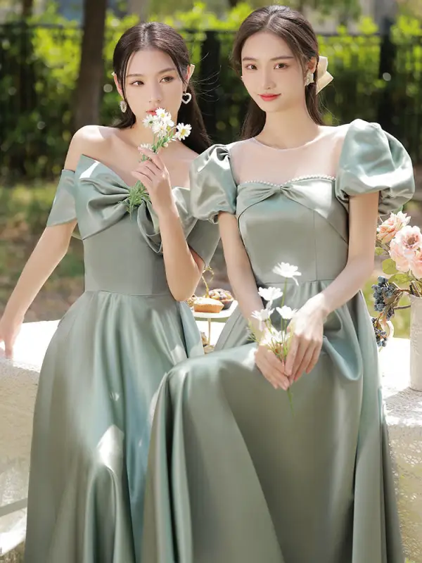 bridesmaid dresses sage green satin Sage Green Prom Dresses Satin Long Split V-neck main image 0