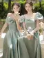 Simple Vert Cendré Satin Robe Demoiselle D'honneur 2022 Princesse Manches Courtes Dos Nu Noeud Longue Robe Demoiselle D'honneur