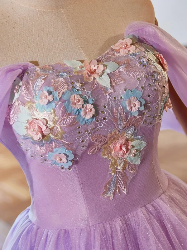 Elegant Lavender Pearl Lace Flower Appliques Prom Dresses 2024 Ball Gown Off-The-Shoulder Sleeveless Backless Floor-Length / Long Prom Formal Dresses