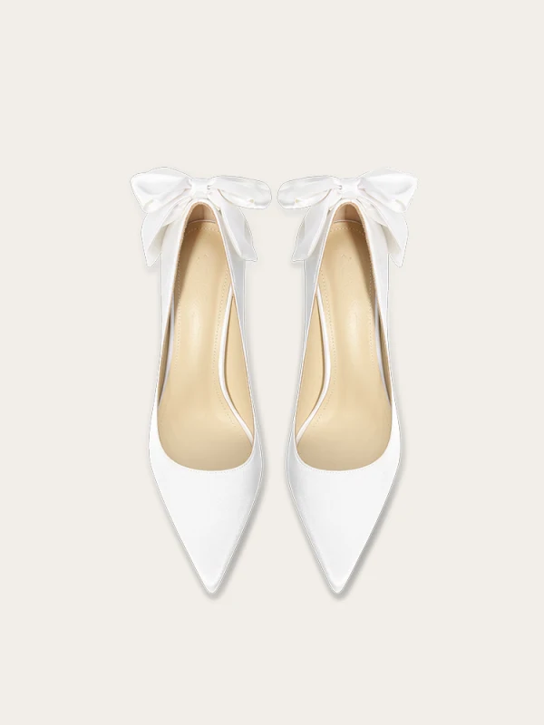 Elegante Weiß Schleife Brautschuhe 2024 Leder 10 cm Stilettos Spitzschuh Hochzeit Pumps