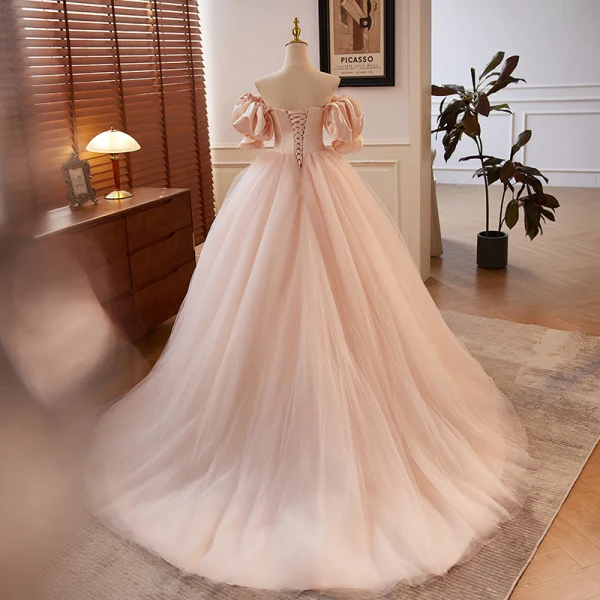 Chic / Beautiful Blushing Pink Beading Prom Dresses 2023 Ball Gown Off-The-Shoulder Puffy Short Sleeve Backless Floor-Length / Long Prom Formal Dresses