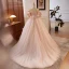 Chic / Beautiful Blushing Pink Beading Prom Dresses 2023 Ball Gown Off-The-Shoulder Puffy Short Sleeve Backless Floor-Length / Long Prom Formal Dresses