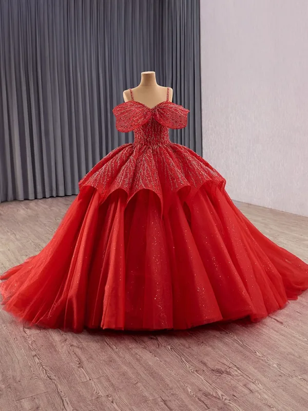 Luxury / Gorgeous Red Glitter Handmade  Beading Sequins Wedding Dresses 2025 Ball Gown Spaghetti Straps Short Sleeve Backless Chapel Train Wedding